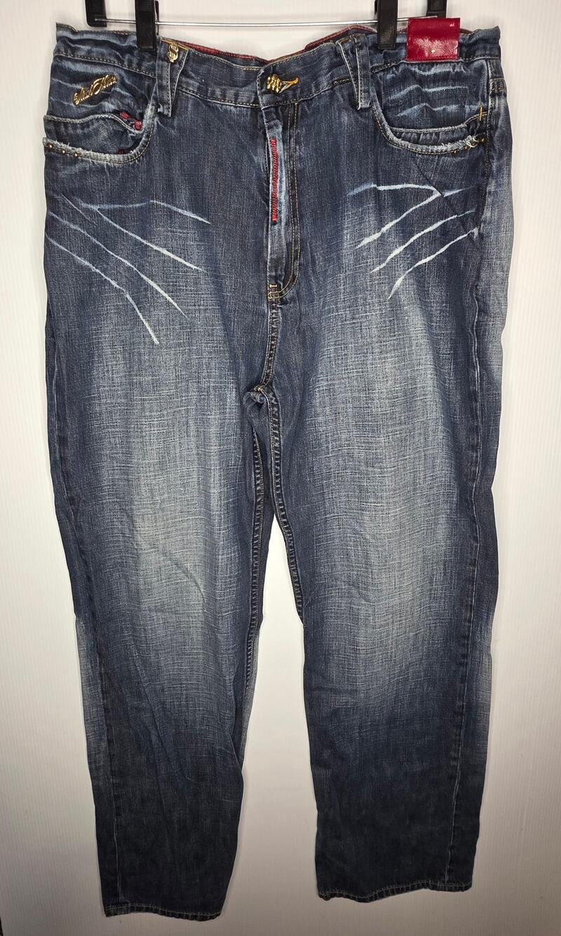 Vintage Y2K Stash House Denim Jeans 38 Skull & Dollar Sign Patch Streetwear